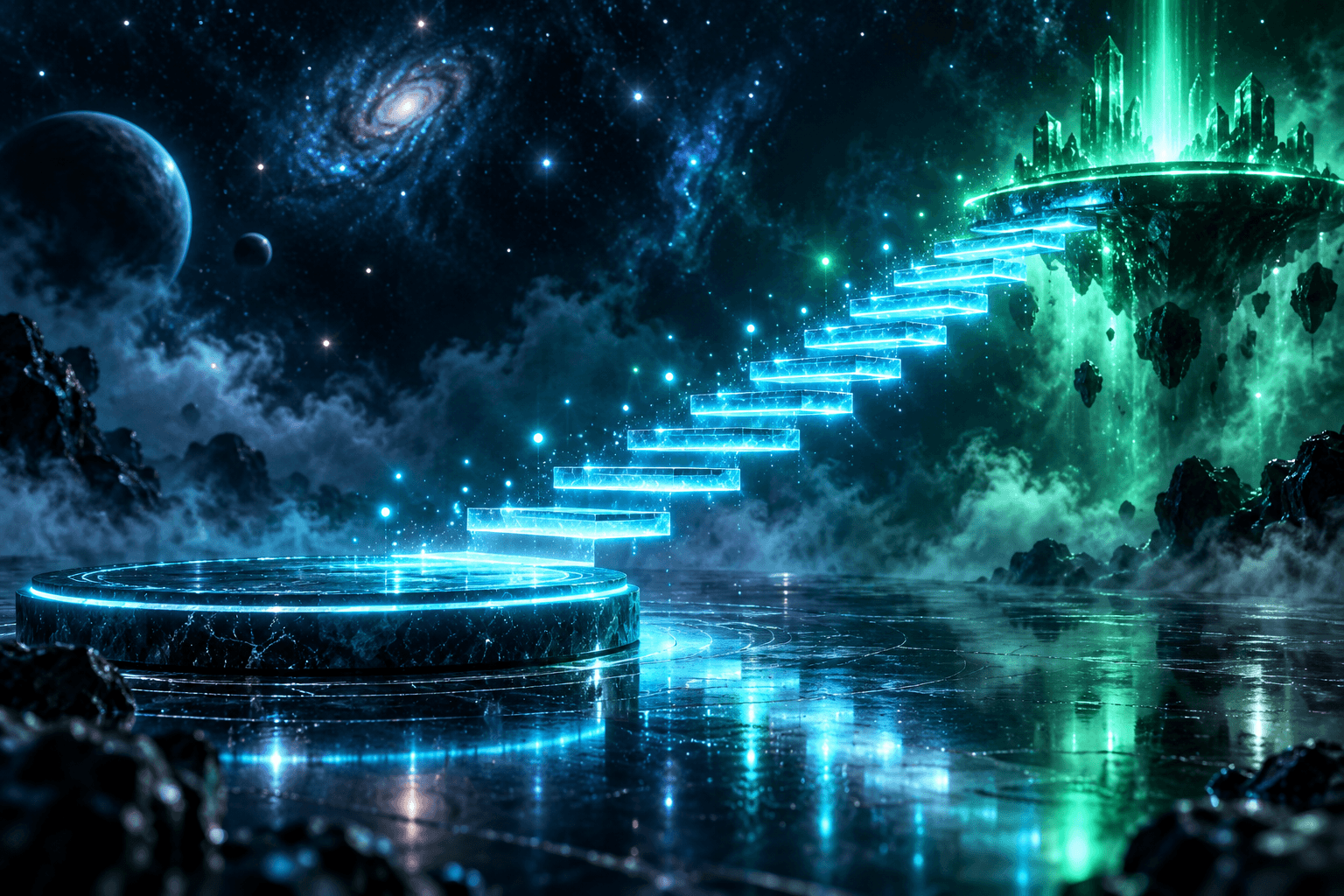 深色星空中一条青色台阶从低处发光平台通向更高处的翡翠色平台、带上升光粒子的插画