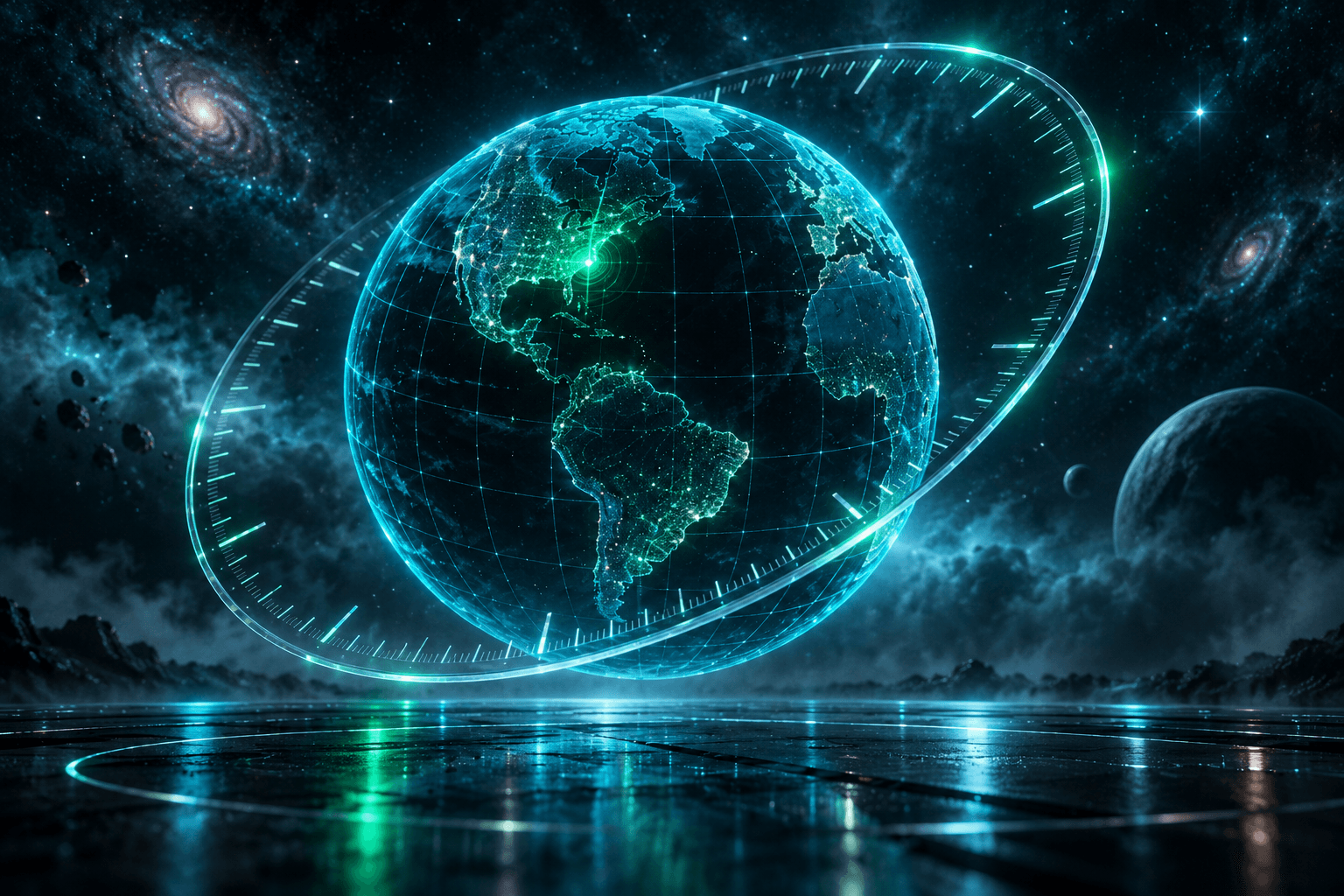 深色星空中青色霓虹地球经纬线与时钟刻度重叠、翡翠色提示光点的插画