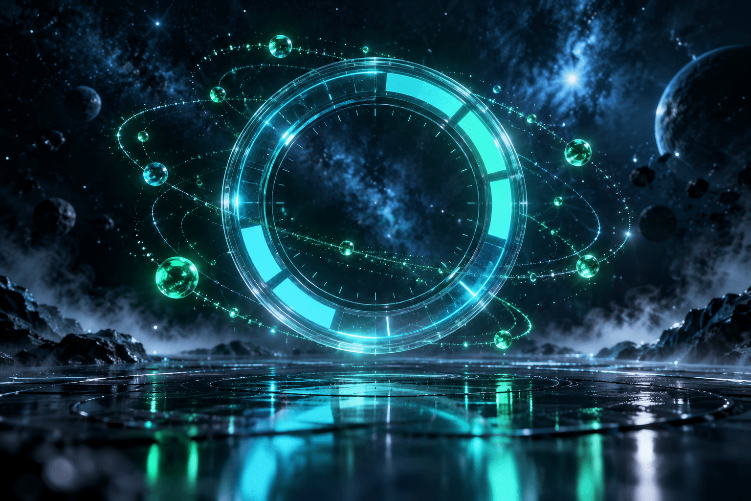 深色星空中悬浮的青色环形刻度盘、分段发光弧线与翡翠色时间粒子的插画