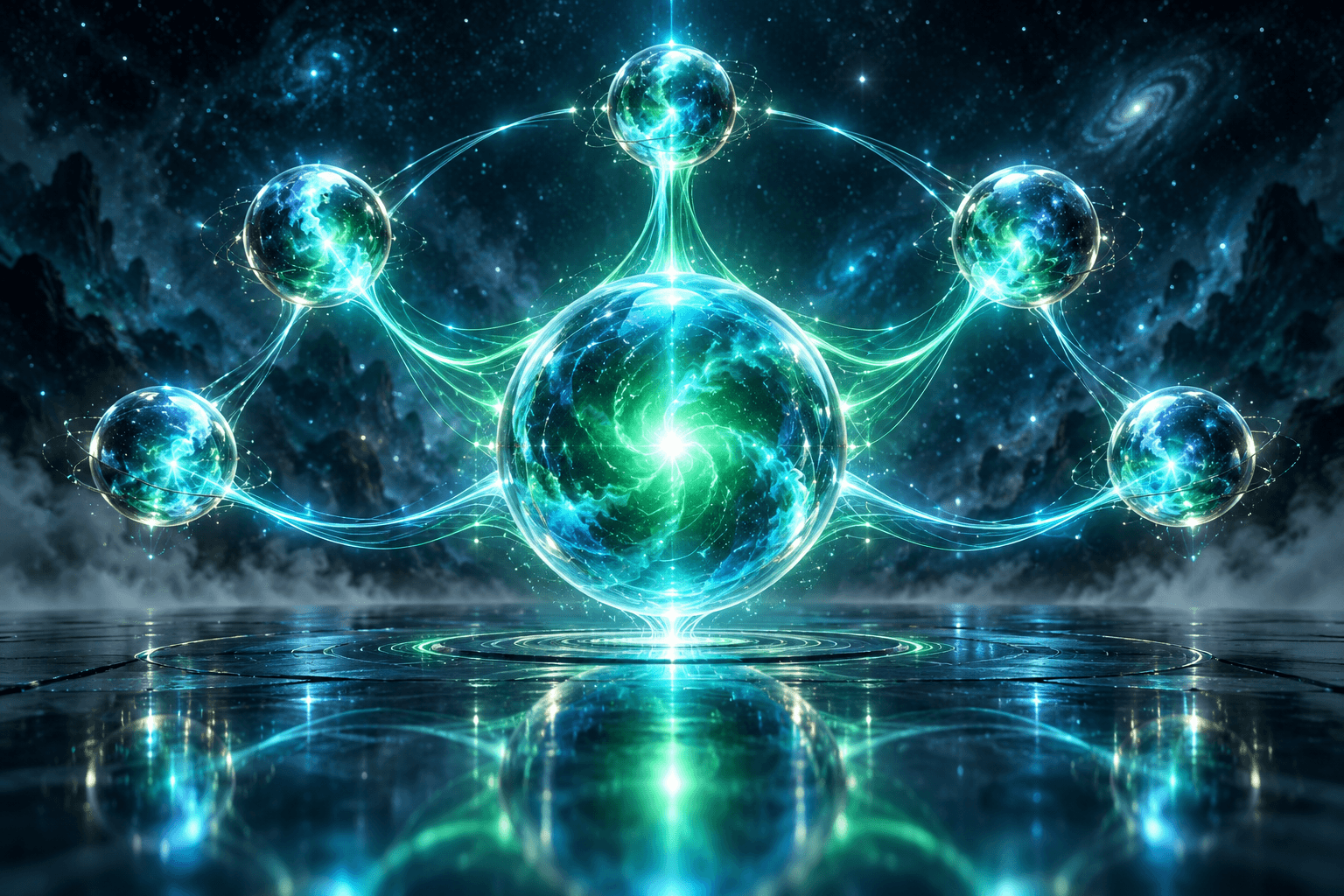 深色星空中一枚青色发光光球通过弧线连接周围五枚小光球、中心带翡翠色微光枢纽的插画