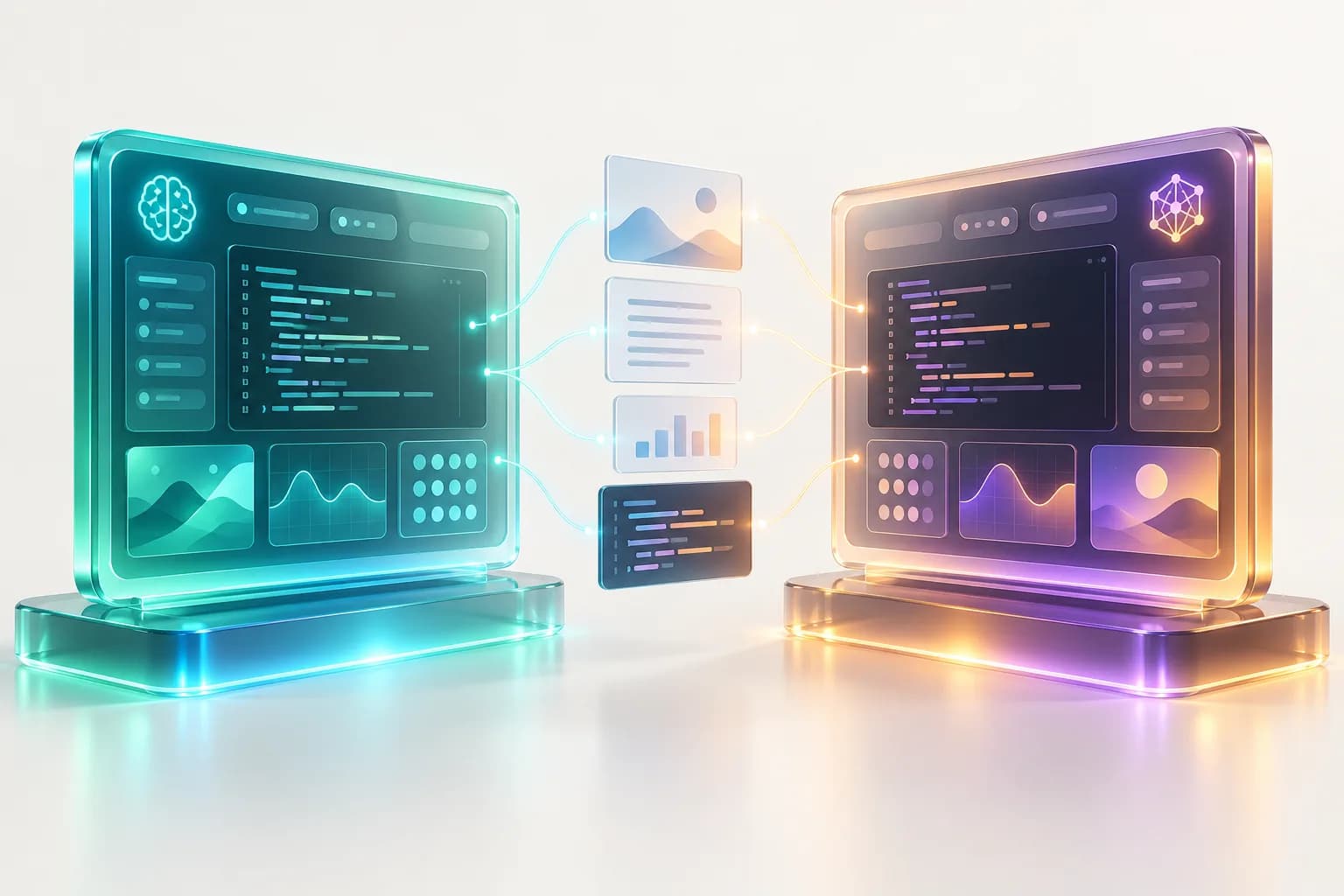 两个发光 AI 工作区与模型测试面板左右对照的三维编辑插画
