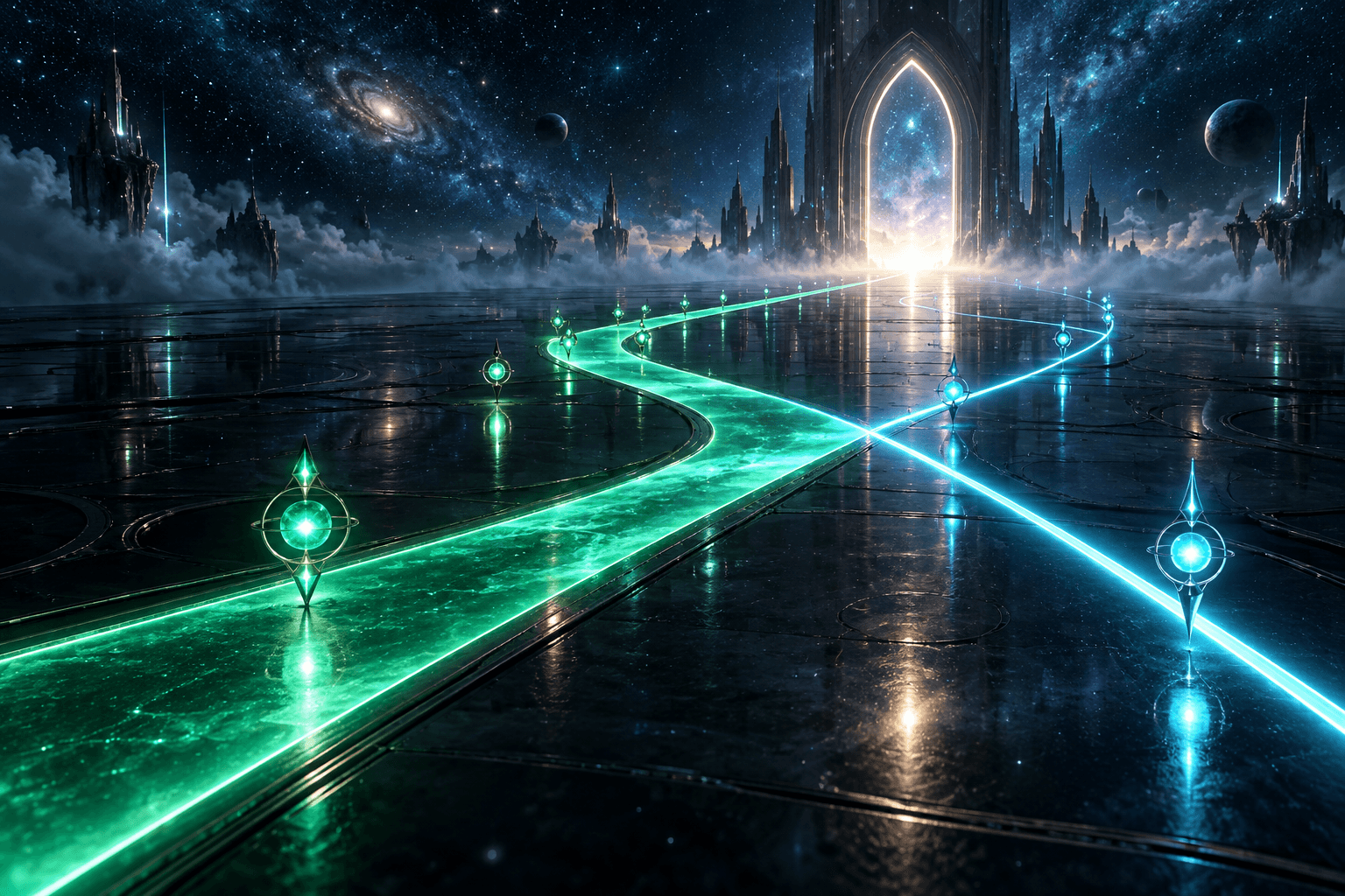 深色星空中青色与翡翠色两条路径汇聚向发光拱门、等级标尺光点的插画