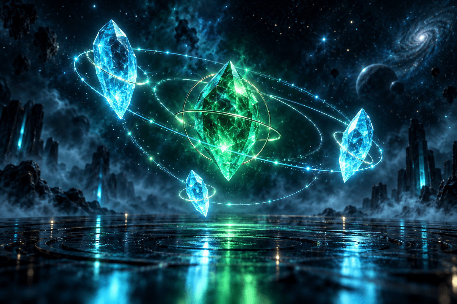 深色星空中三枚不同大小的青色发光晶体环绕中心翡翠色核心、带细微轨道光线的插画