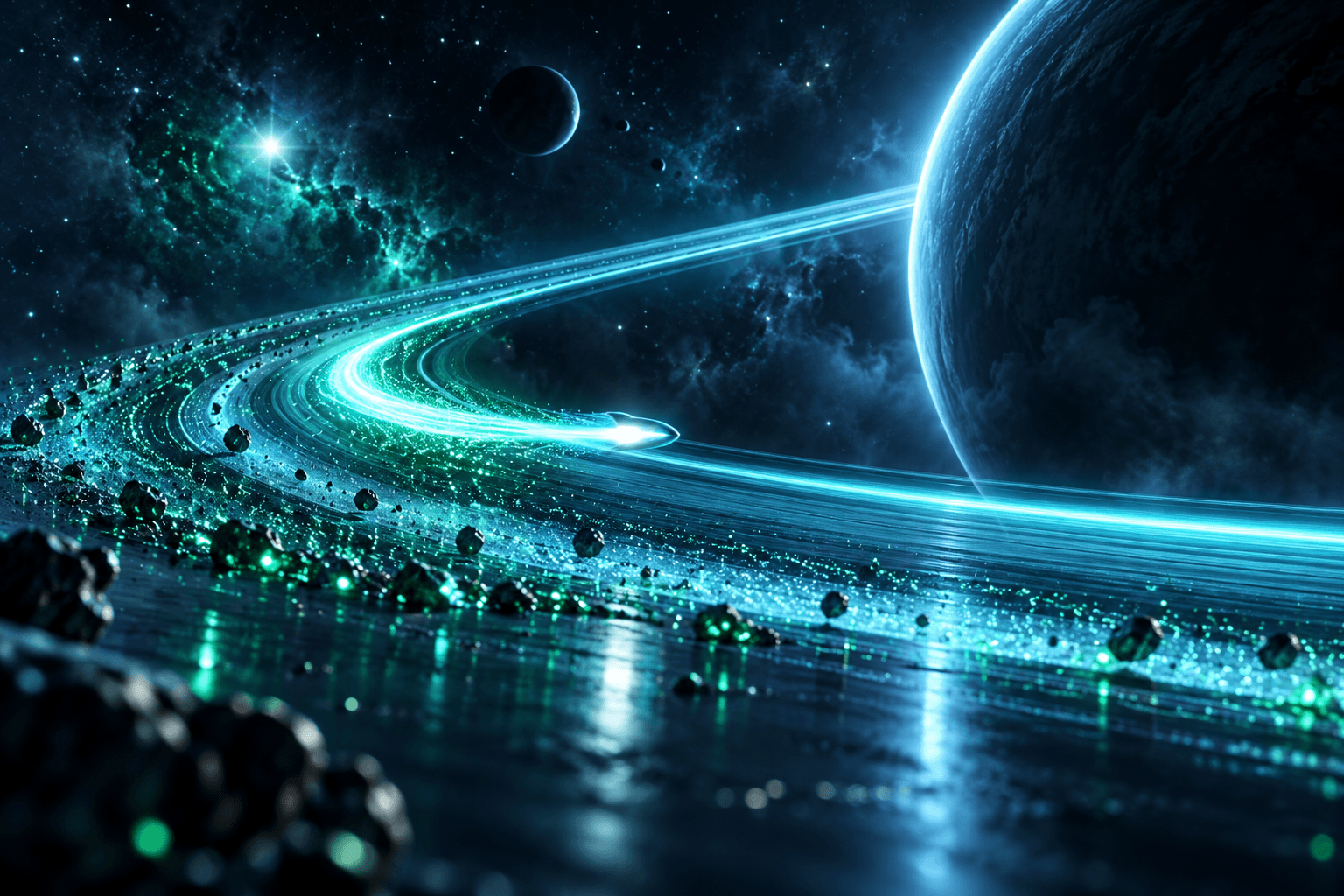 深色星空中青色霓虹星环与火箭轨迹、翡翠色信息流粒子的插画